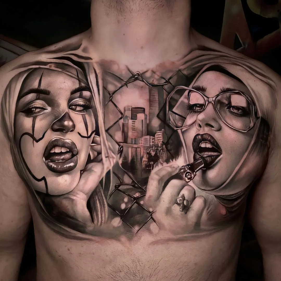 Tatuaj black and grey cu două portrete feminine pe piept