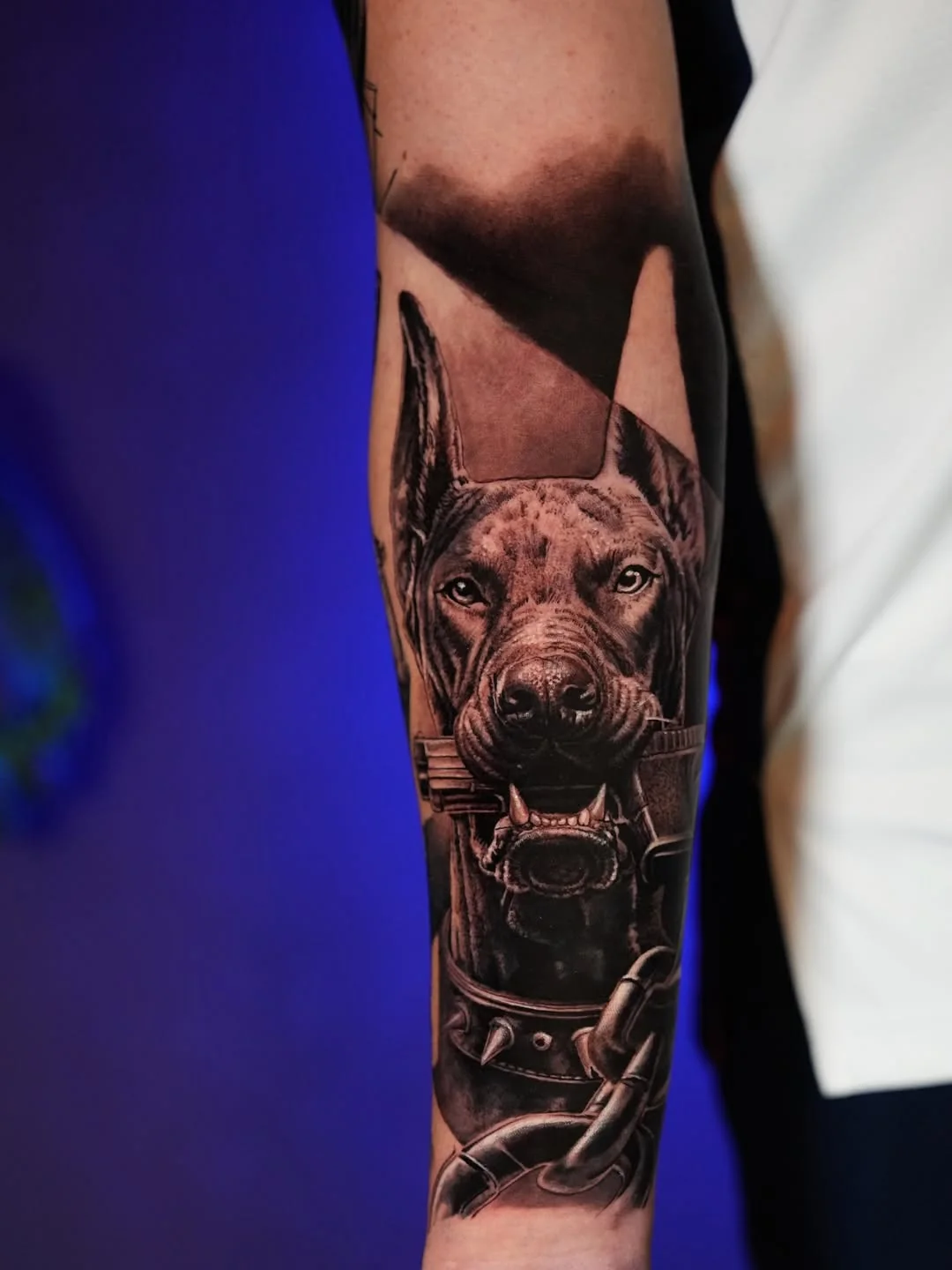 Tatuaj realist black and grey cu câine Doberman pe antebraț